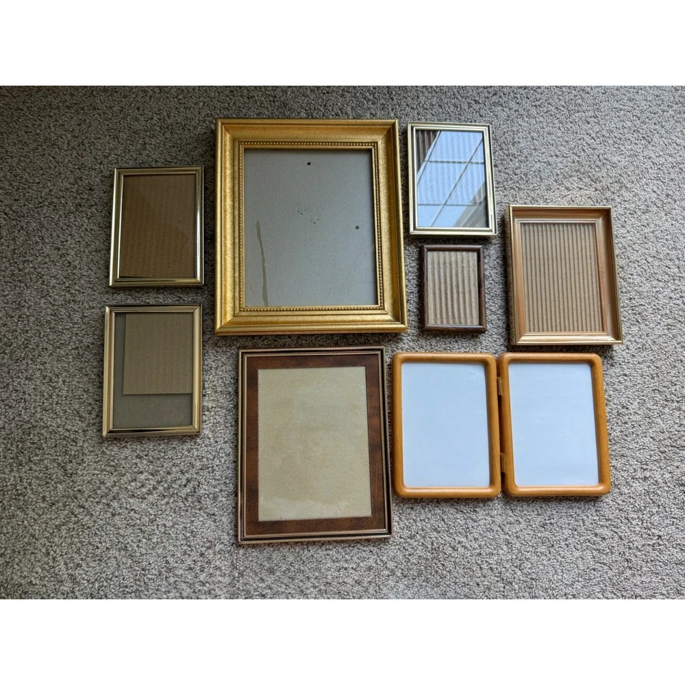Vintage Mixed Picture Frame Lot 8pc Gold Wood Metal Tabletop Gallery Set